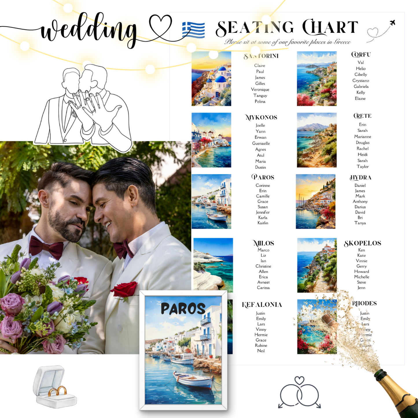 Greek Island Wedding Seating Chart & Table Cards – Watercolor Travel Theme (Editable Template + Print Files)