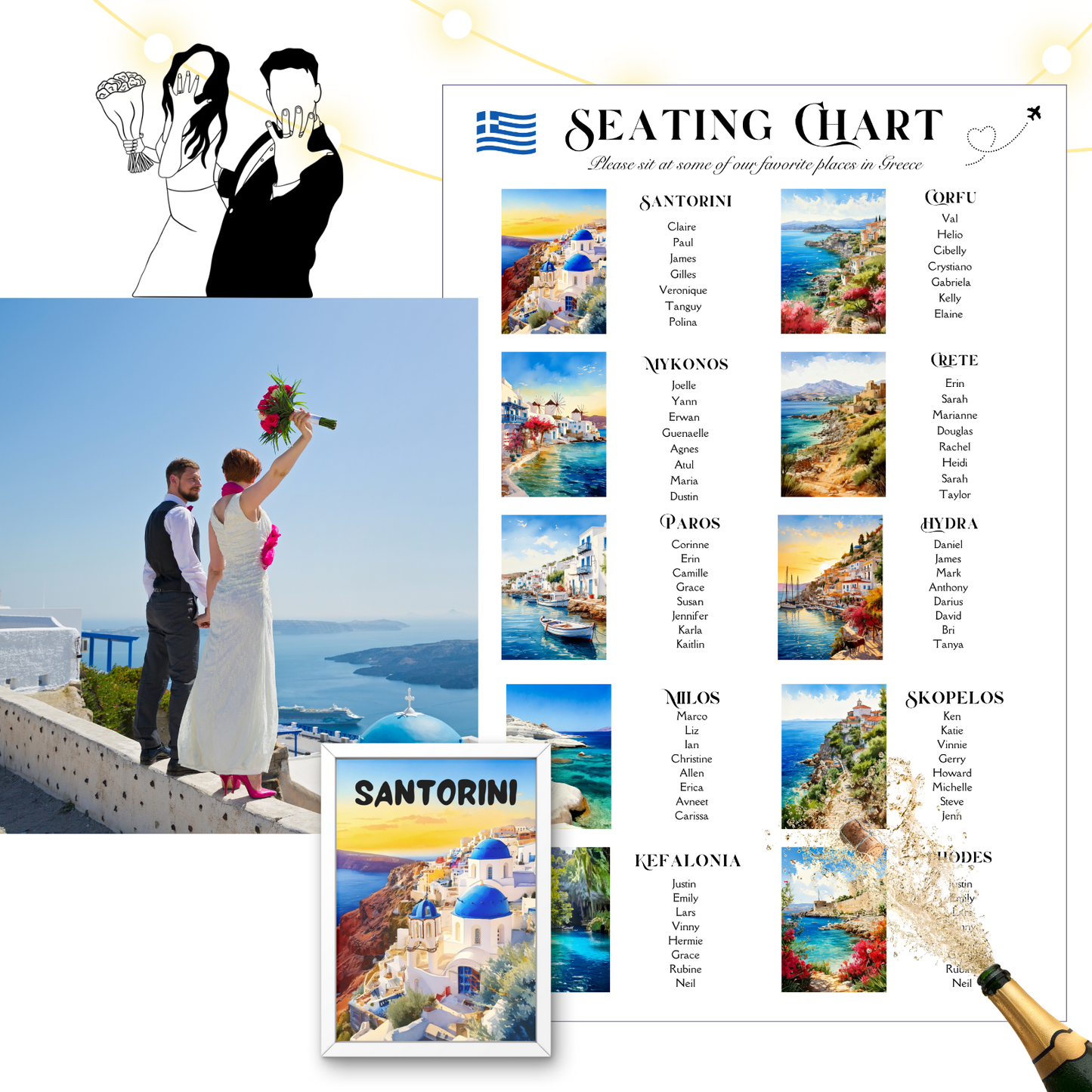 Greek Island Wedding Seating Chart & Table Cards – Watercolor Travel Theme (Editable Template + Print Files)