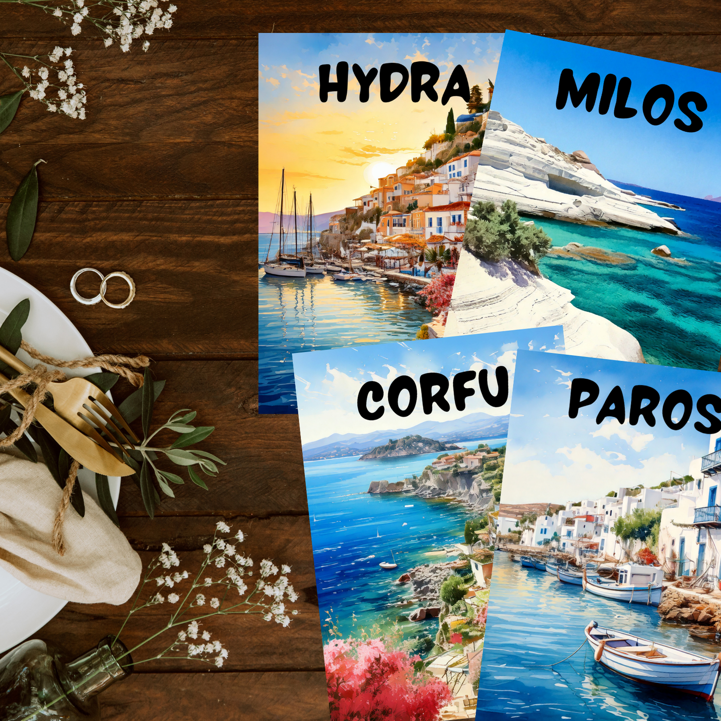 Greek Island Wedding Seating Chart & Table Cards – Watercolor Travel Theme (Editable Template + Print Files)