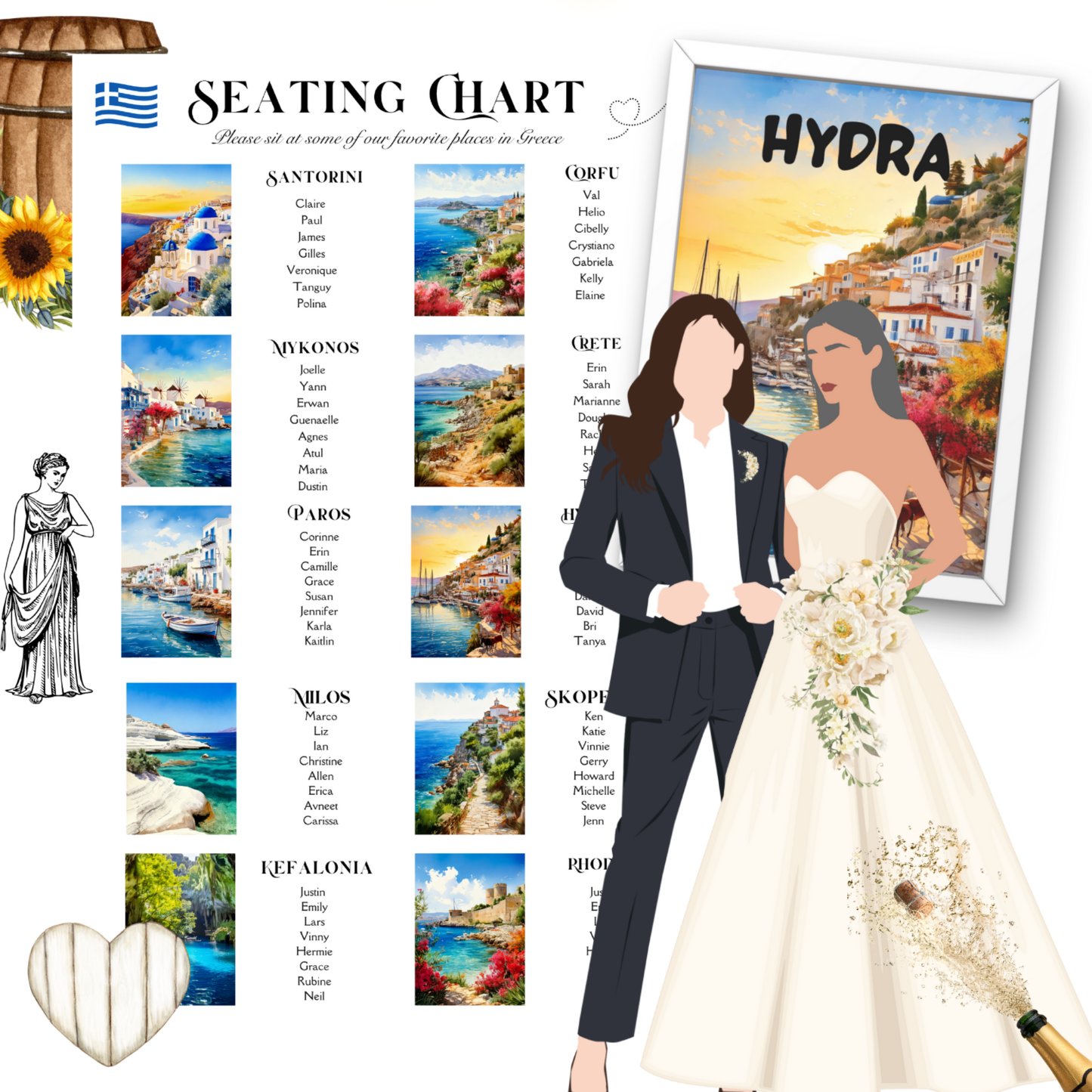 Greek Island Wedding Seating Chart & Table Cards – Watercolor Travel Theme (Editable Template + Print Files)