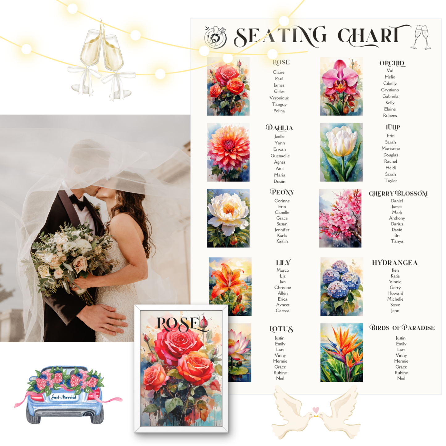 Floral-Themed Tabletop Decor & Seating Chart | Printable Wedding Decor | Customizable Canva link