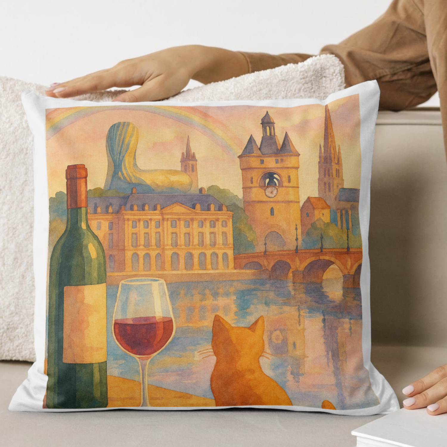 Decorative pillow with a Bordeaux cityscape, wine bottle, and glass design on a couch.