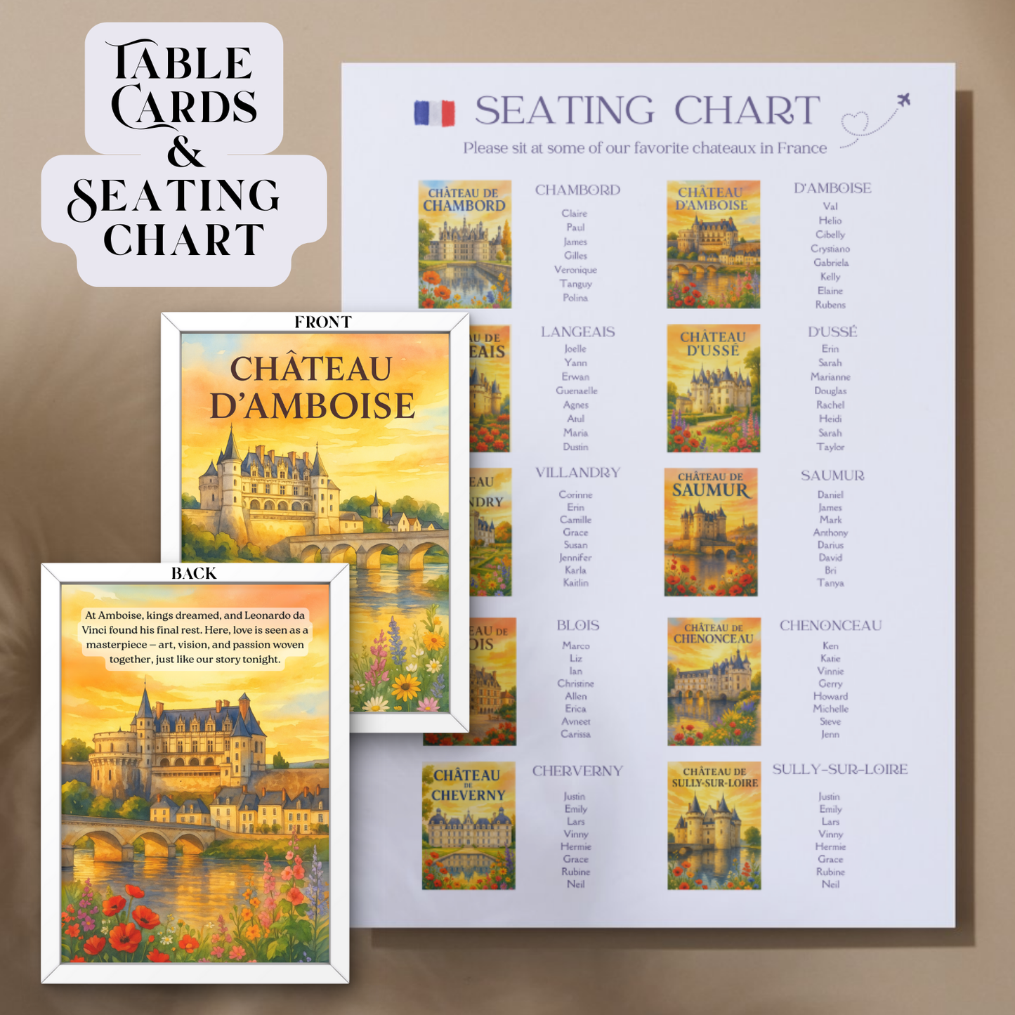 French Château Wedding Seating Chart | Destination Wedding Seating Poster | Travel-Themed Decor | Printable & Editable Canva Template