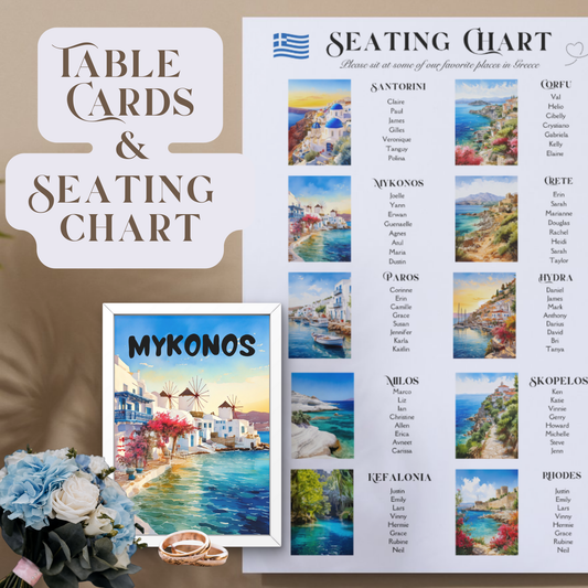Greek Island Wedding Seating Chart & Table Cards – Watercolor Travel Theme (Editable Template + Print Files)