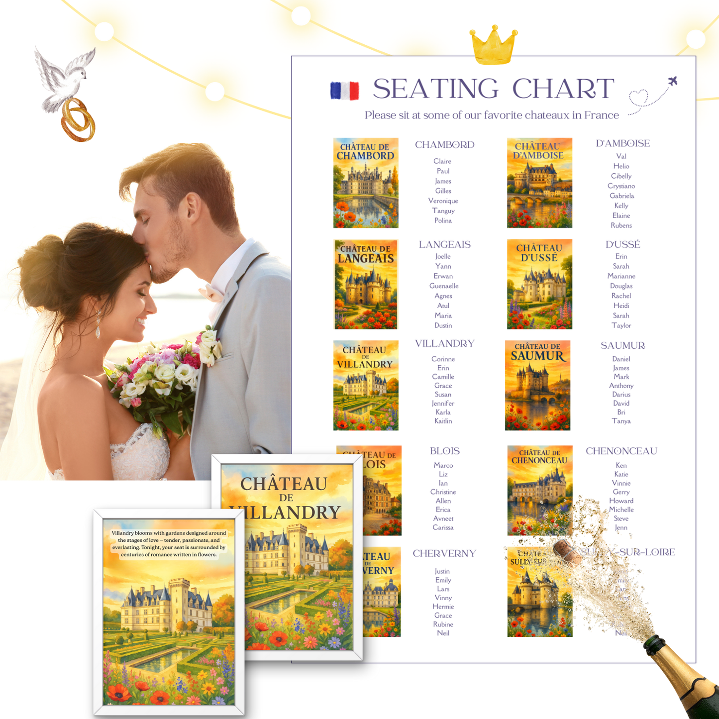 French Château Wedding Seating Chart | Destination Wedding Seating Poster | Travel-Themed Decor | Printable & Editable Canva Template