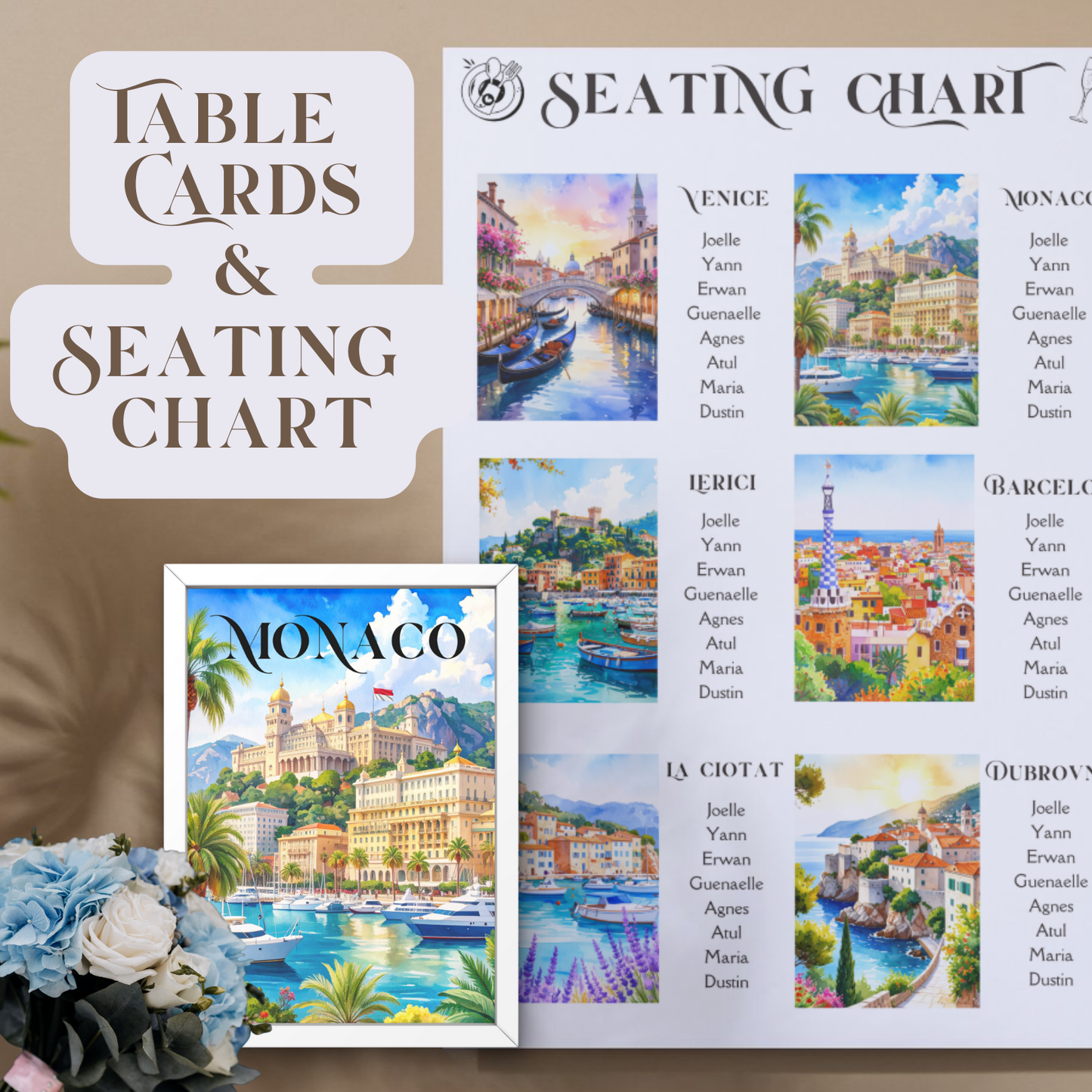 Mediterranean Wedding Seating Chart (18"x24") and 6 Table Cards (5"x7") Watercolor Cityscapes (Canva Editable, Digital Download)