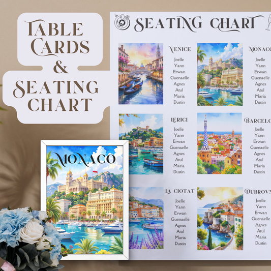 Mediterranean Wedding Seating Chart (18"x24") and 6 Table Cards (5"x7") Watercolor Cityscapes (Canva Editable, Digital Download)