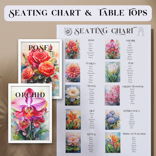 Floral-Themed Tabletop Decor & Seating Chart | Printable Wedding Decor | Customizable Canva link