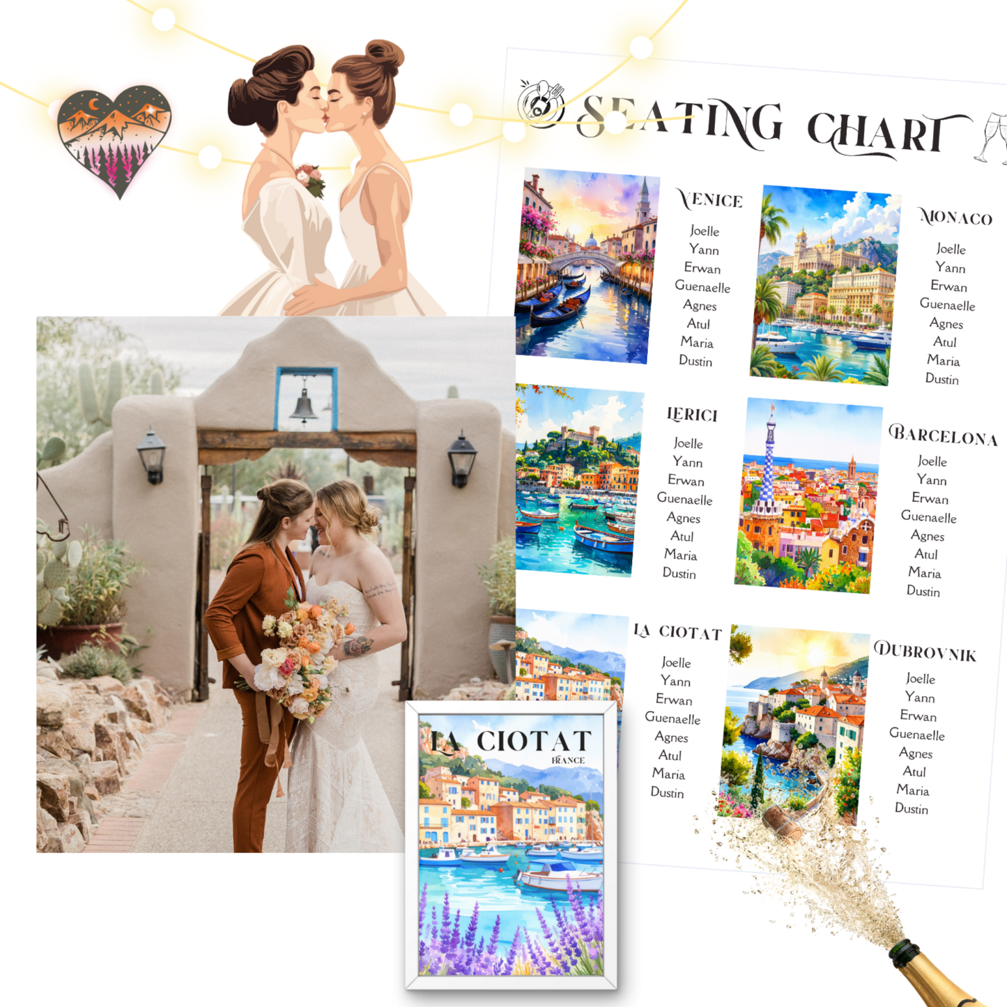 Mediterranean Wedding Seating Chart (18"x24") and 6 Table Cards (5"x7") Watercolor Cityscapes (Canva Editable, Digital Download)