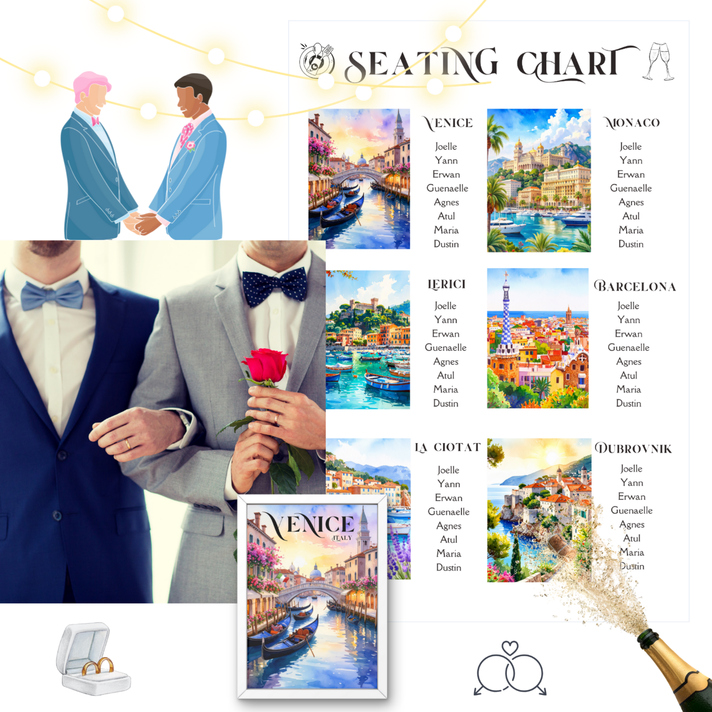 Mediterranean Wedding Seating Chart (18"x24") and 6 Table Cards (5"x7") Watercolor Cityscapes (Canva Editable, Digital Download)