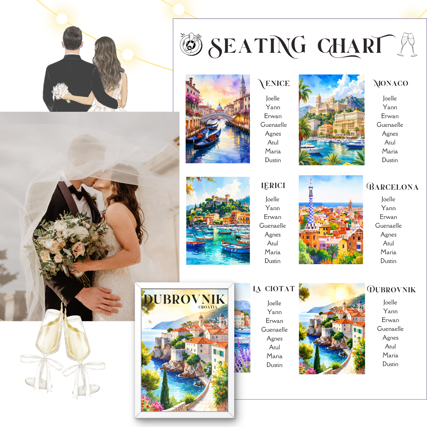 Mediterranean Wedding Seating Chart (18"x24") and 6 Table Cards (5"x7") Watercolor Cityscapes (Canva Editable, Digital Download)