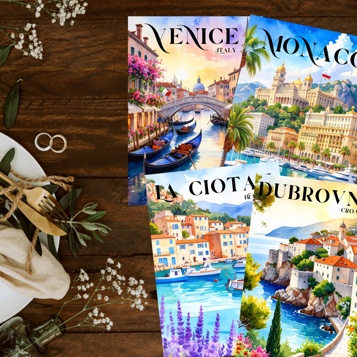 Mediterranean Wedding Seating Chart (18"x24") and 6 Table Cards (5"x7") Watercolor Cityscapes (Canva Editable, Digital Download)