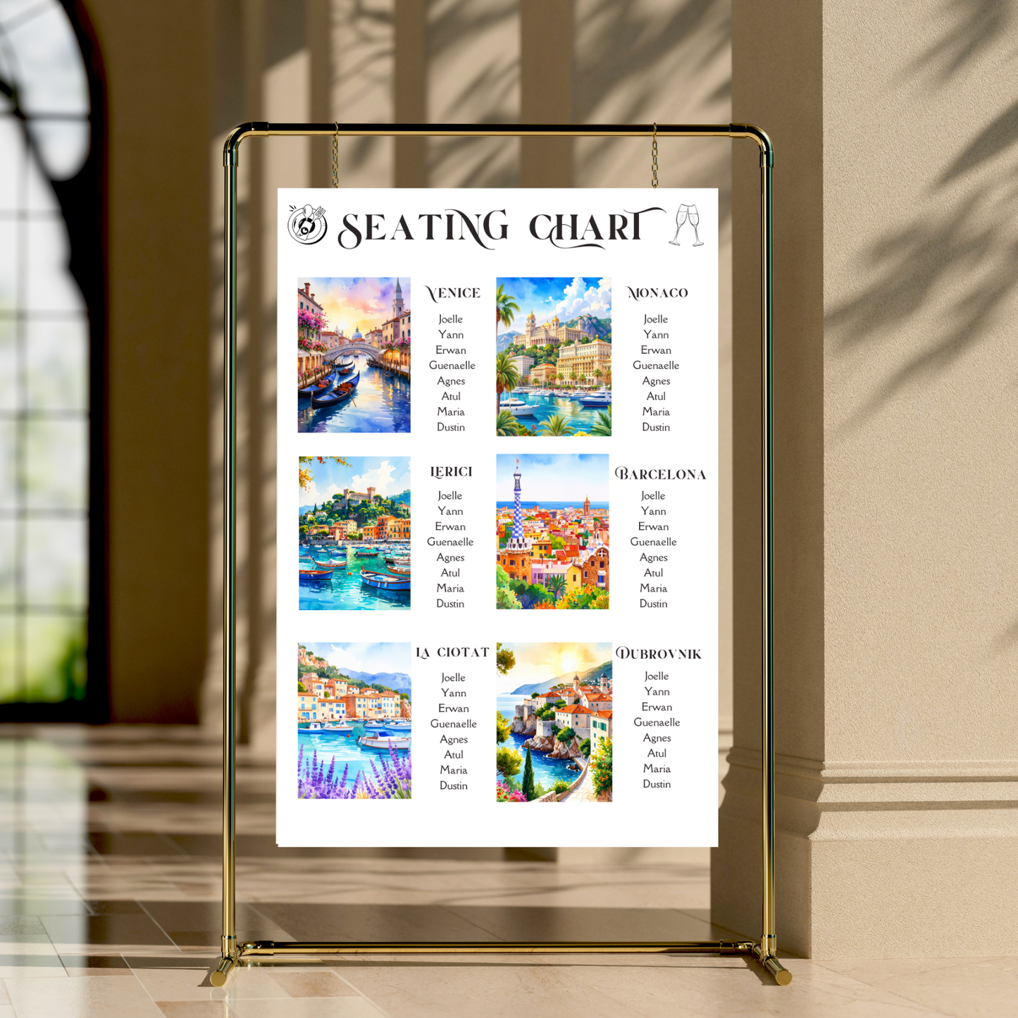Mediterranean Wedding Seating Chart (18"x24") and 6 Table Cards (5"x7") Watercolor Cityscapes (Canva Editable, Digital Download)