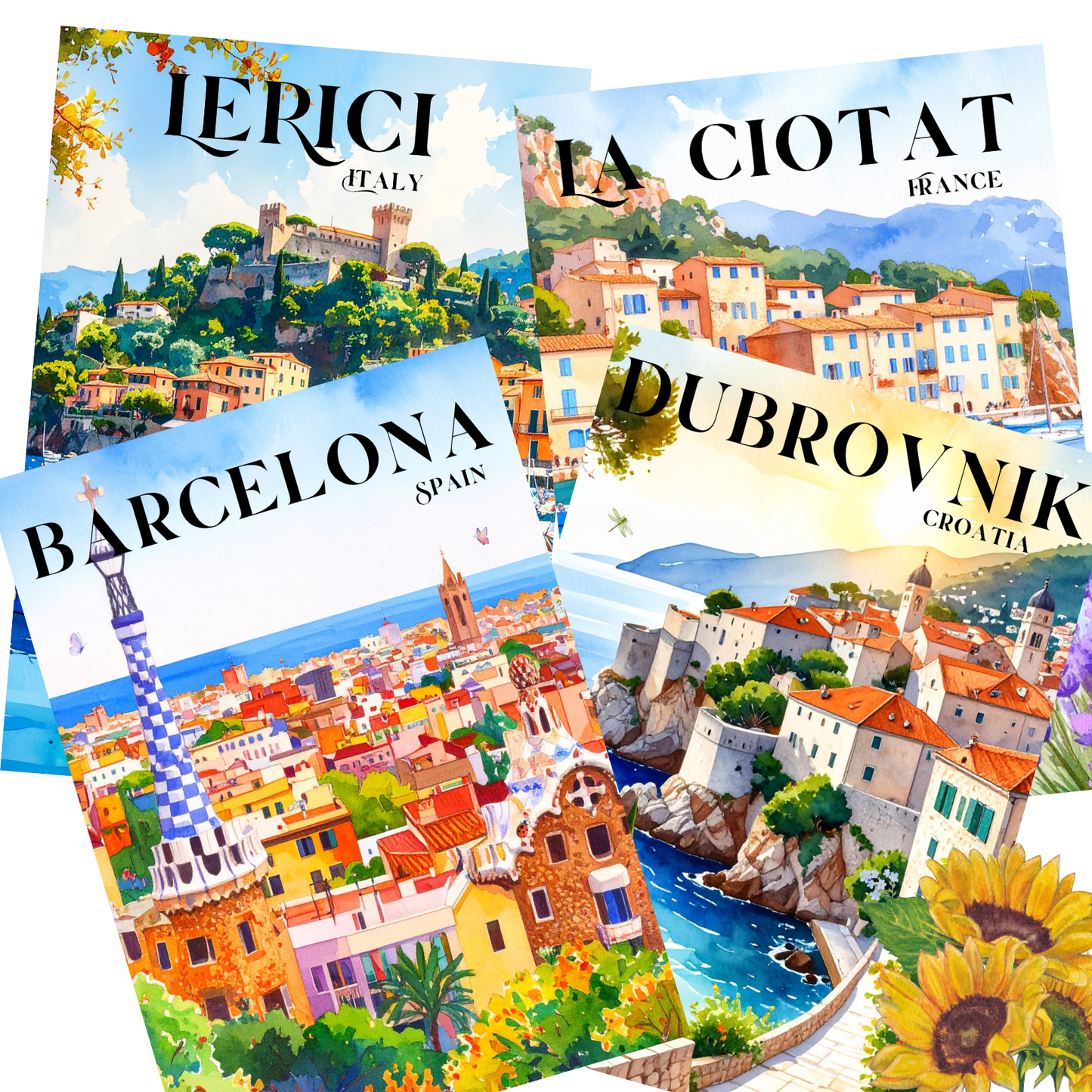 Mediterranean Wedding Seating Chart (18"x24") and 6 Table Cards (5"x7") Watercolor Cityscapes (Canva Editable, Digital Download)