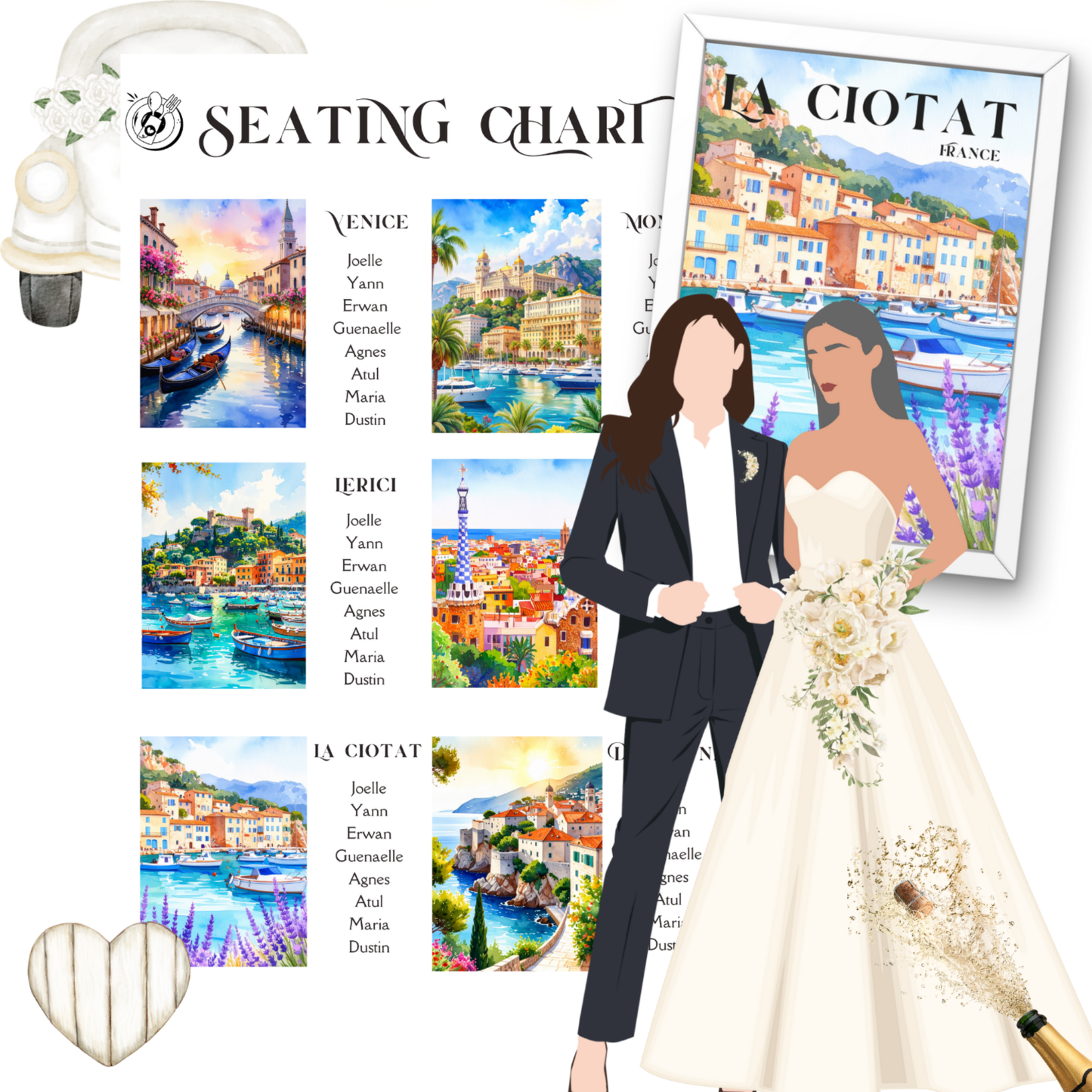 Mediterranean Wedding Seating Chart (18"x24") and 6 Table Cards (5"x7") Watercolor Cityscapes (Canva Editable, Digital Download)