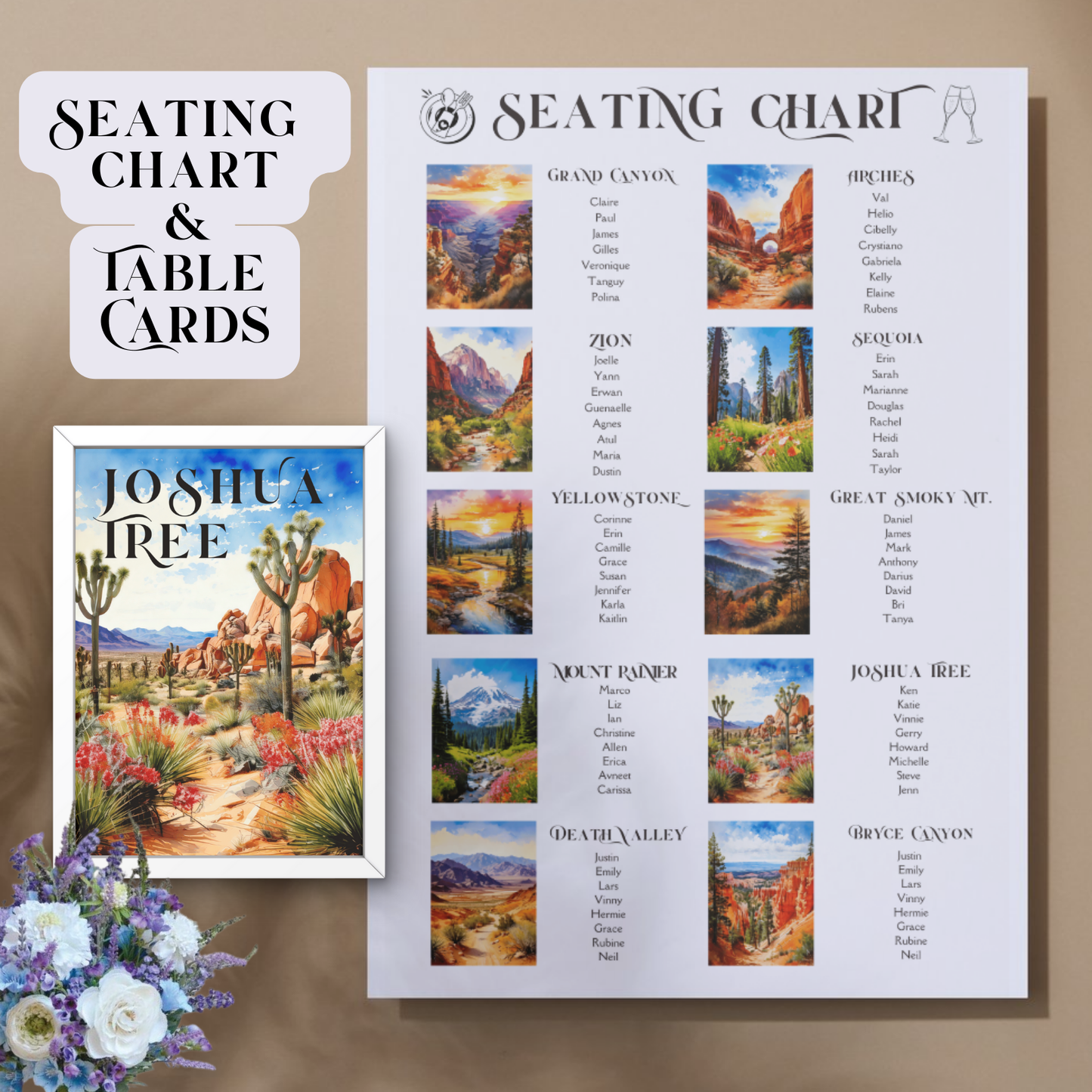 American National Parks Wedding Seating Chart & Table Cards/ Adventure Wedding Decor, Outdoor Rustic, Editable Seating Chart and Table Signs