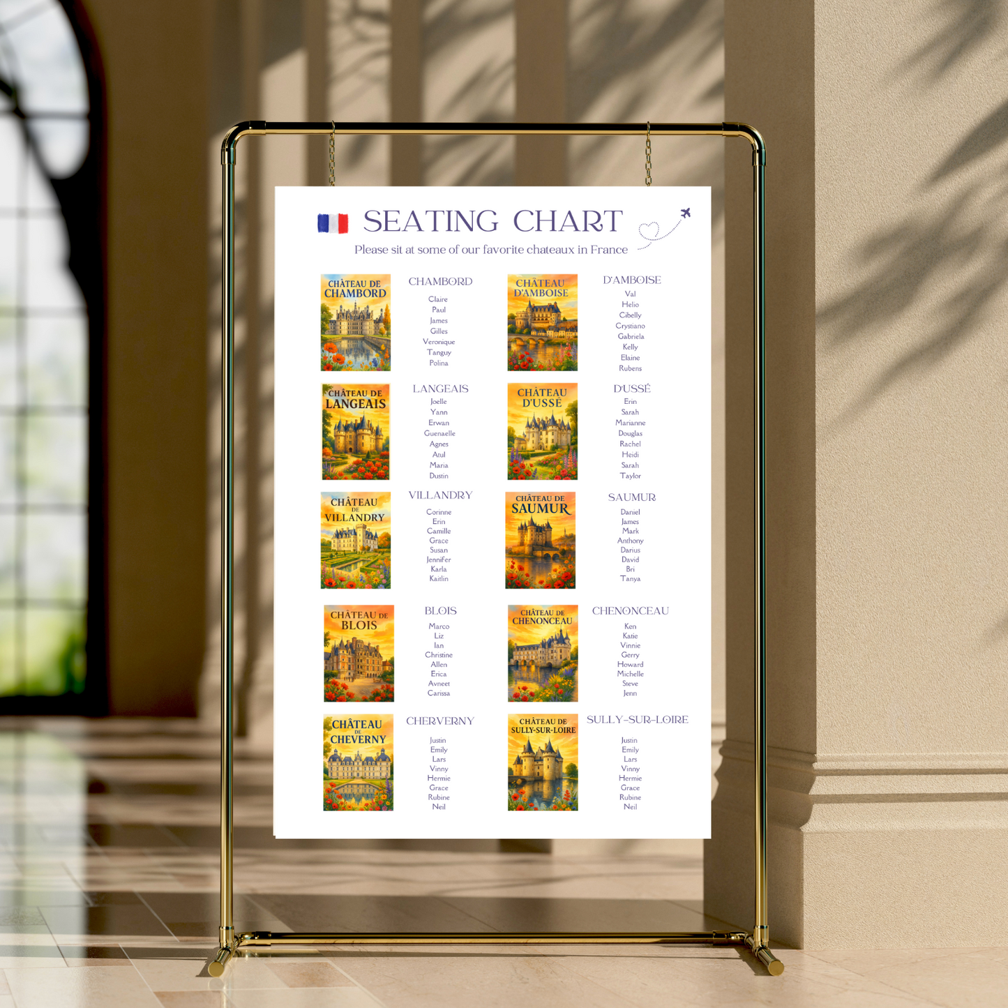 French Château Wedding Seating Chart | Destination Wedding Seating Poster | Travel-Themed Decor | Printable & Editable Canva Template