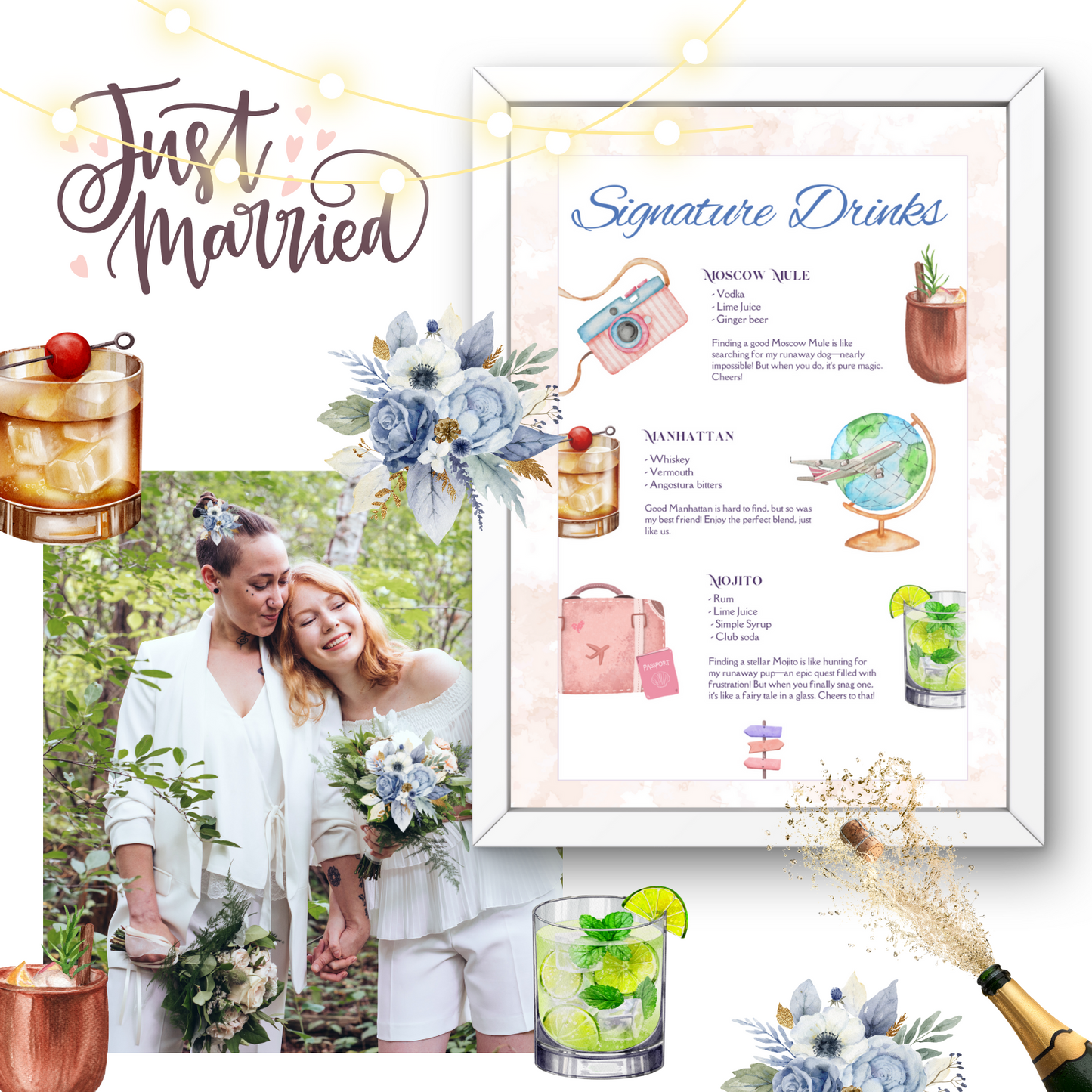 Travel-Themed Signature Bar Drinks | Editable Menu for Weddings, Events, & Celebrations