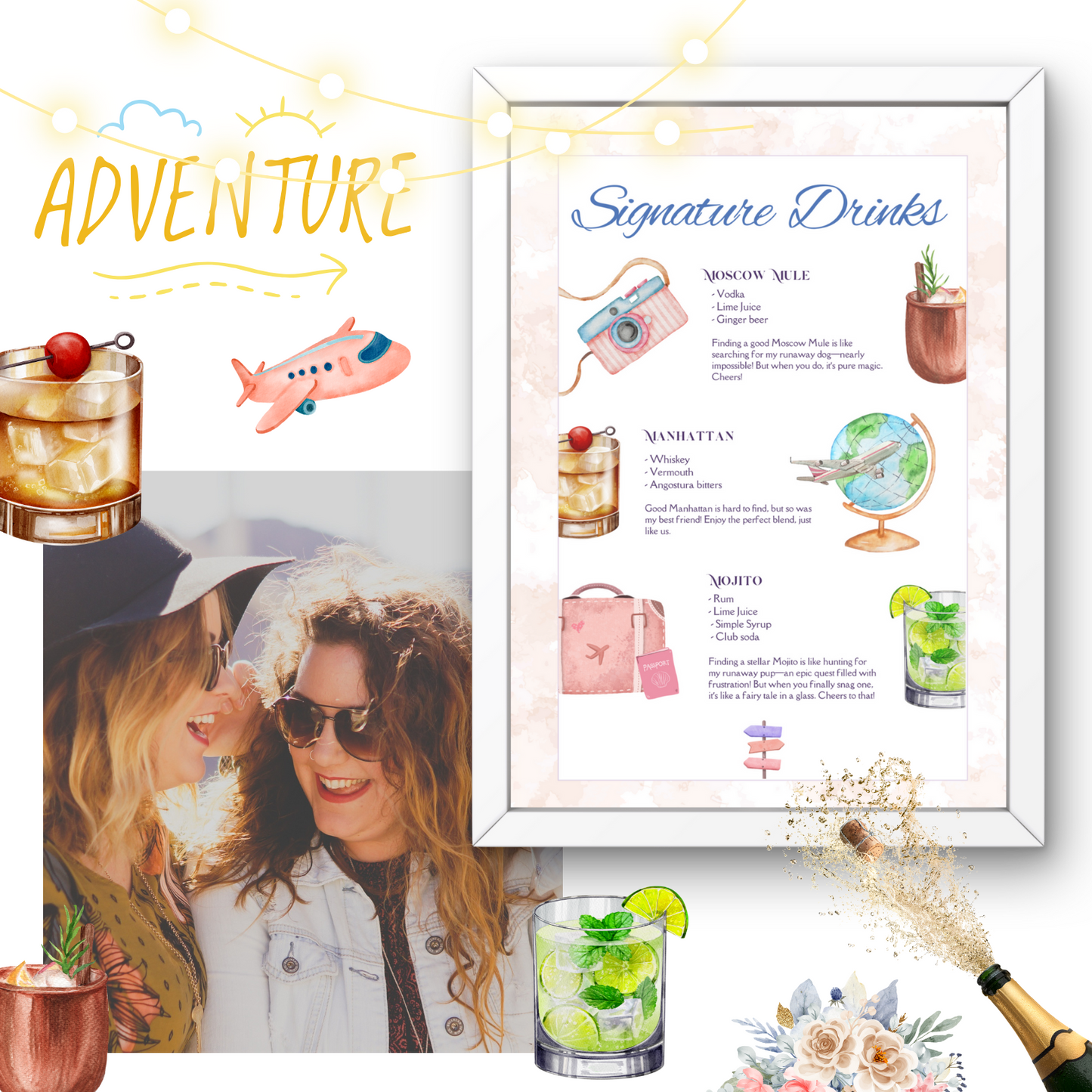 Travel-Themed Signature Bar Drinks | Editable Menu for Weddings, Events, & Celebrations