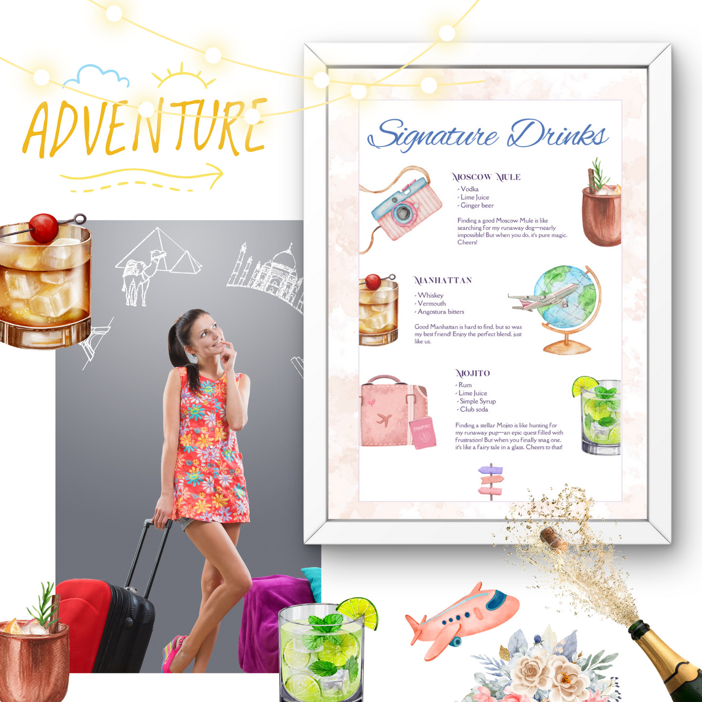 Travel-Themed Signature Bar Drinks | Editable Menu for Weddings, Events, & Celebrations