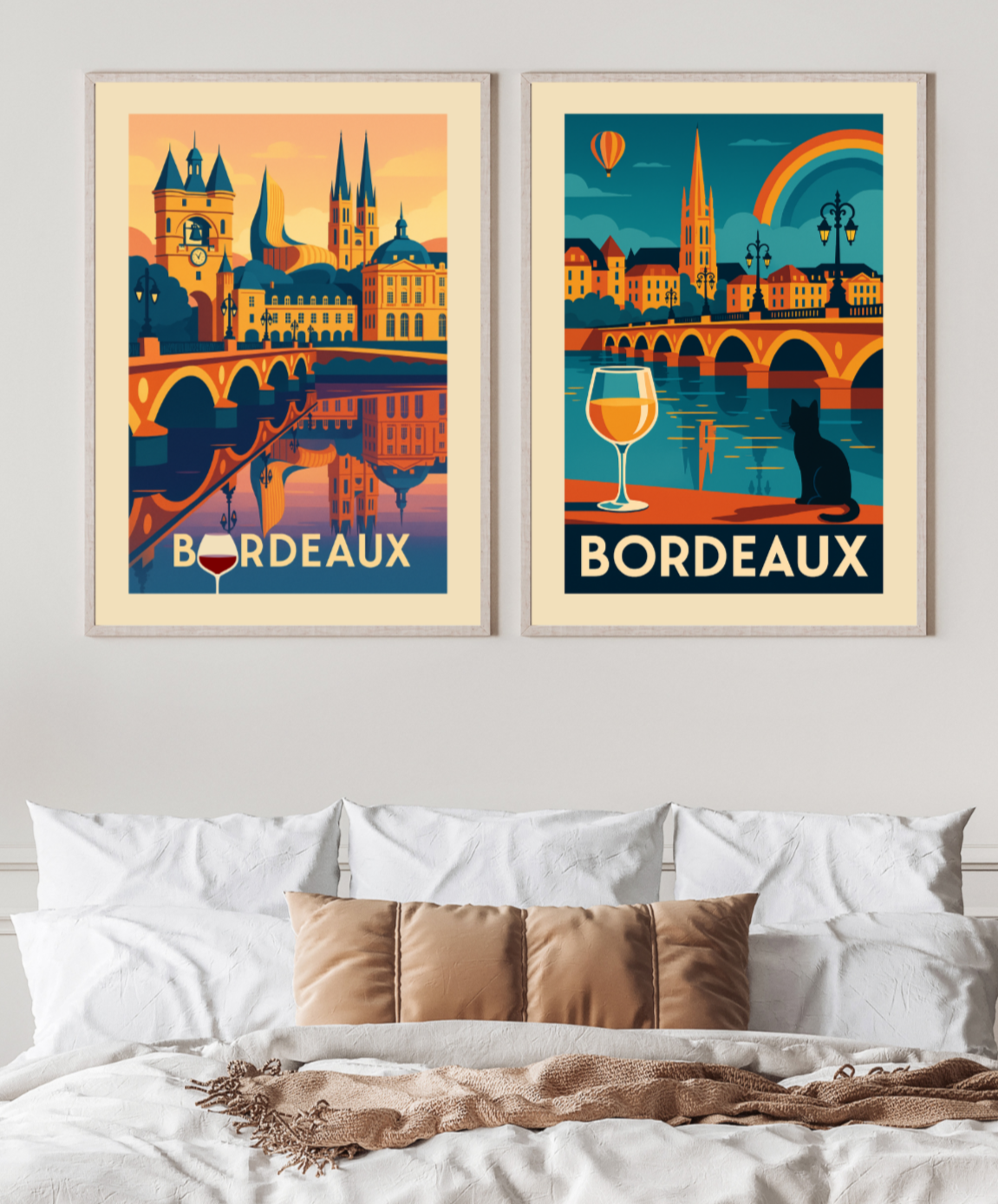 Two framed posters of Bordeaux on a wall above a bed.
